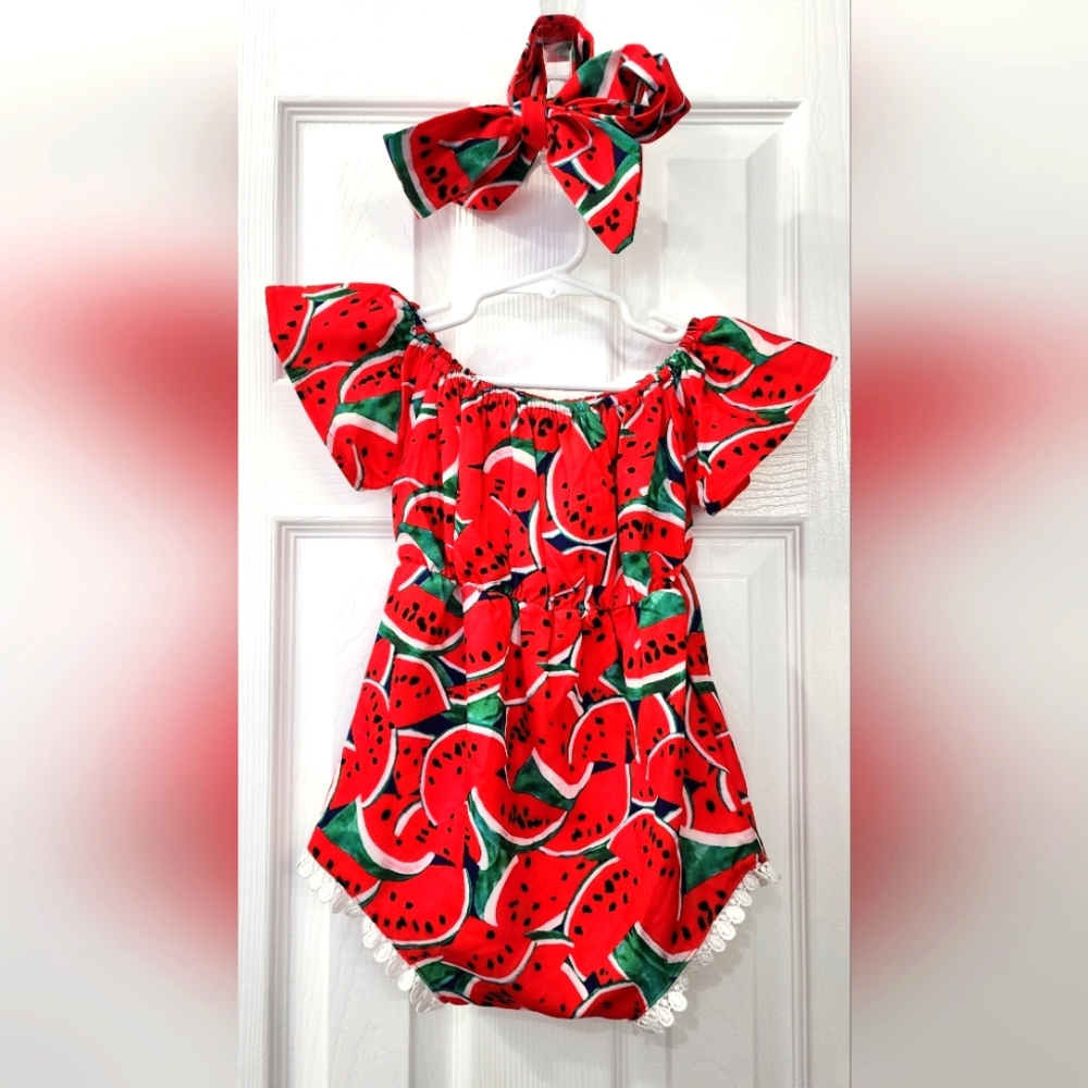 Watermelon romper with matching bow size: 18-24 months